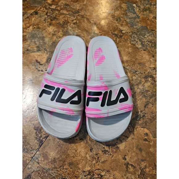 FILA Shoes - FILA Women's Slide Sandal Gray/Pink Paint Smears Logo Size Women's 8 Men's 7
